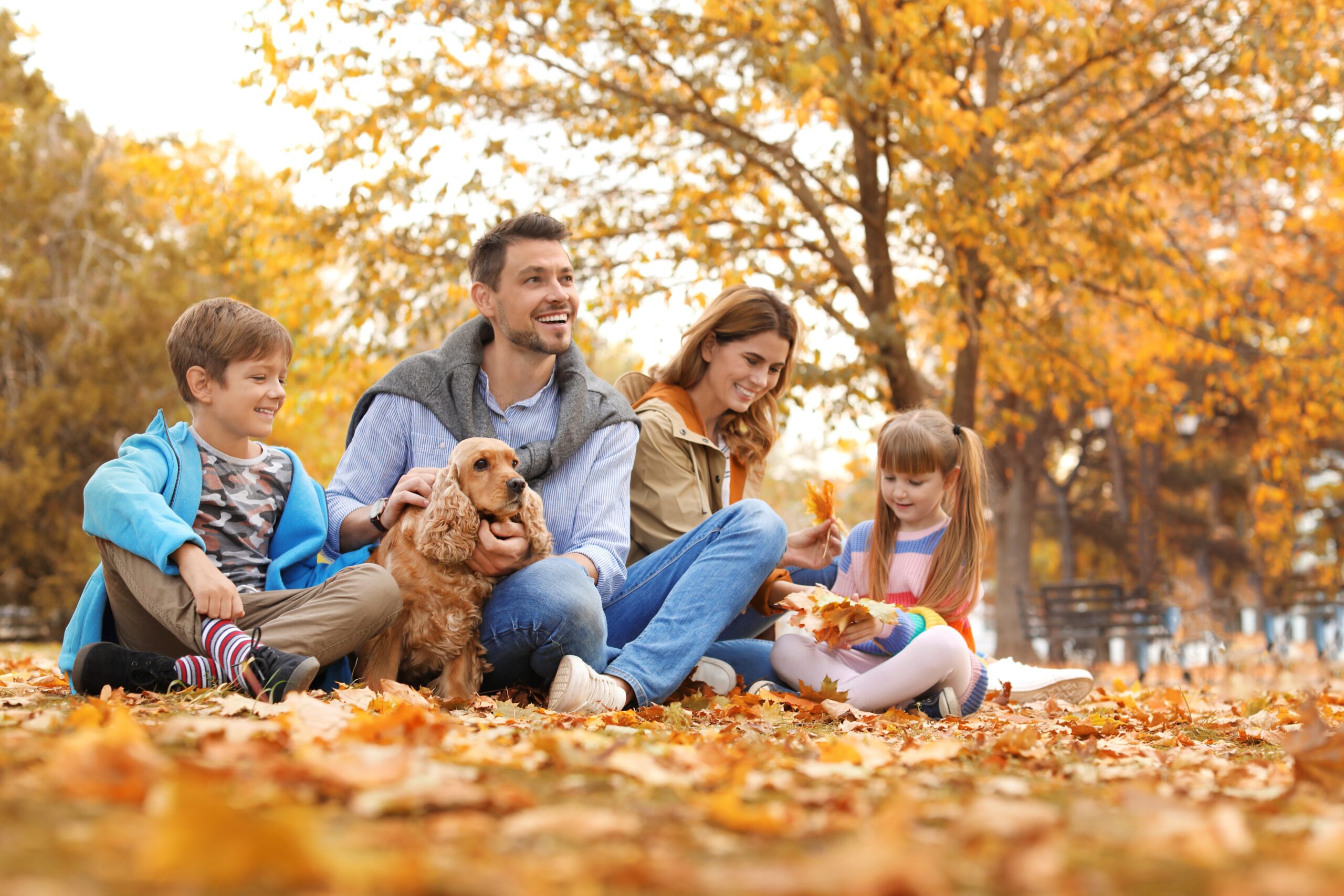 Happy family with children and dog in park. Autumn walk